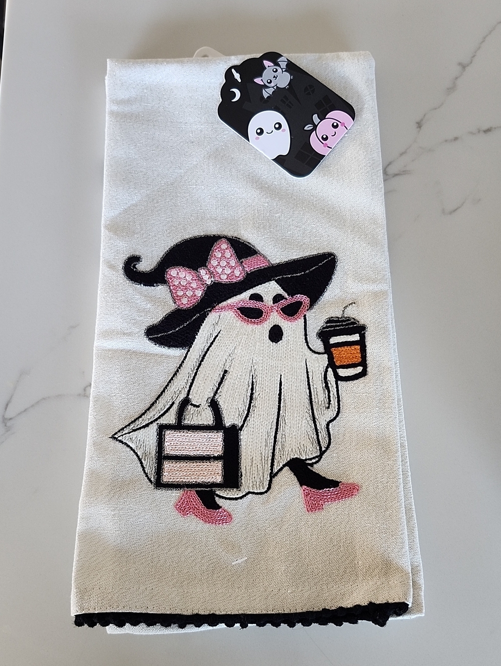 Halloween Ghost Pink Bow With Coffee And Hand Bag White Kitchen Towels